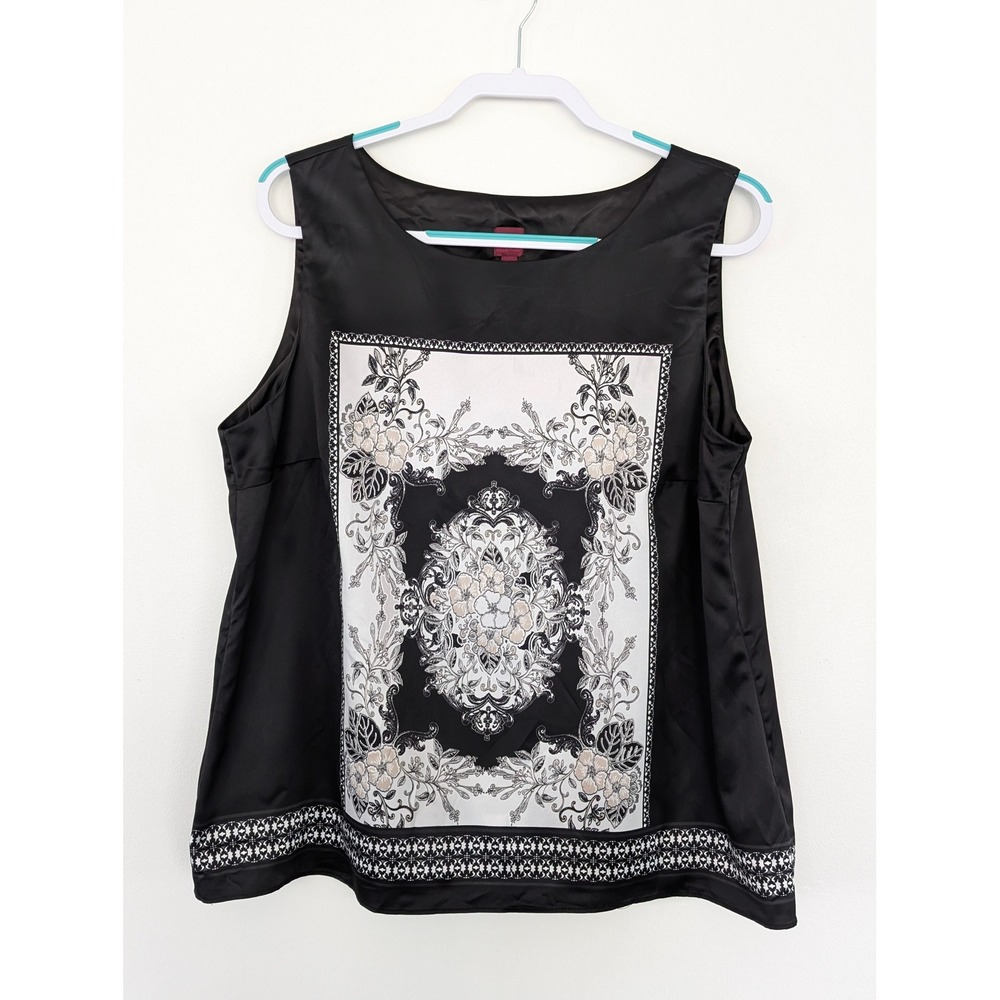 212 Collection‎ XL Satin Sleeveless Top Black White Floral Scarf Print Blouse
